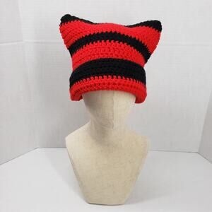 Handcrafted Crochet Striped Cat Beanie Hat Adult Red Black Goth Festival Grunge